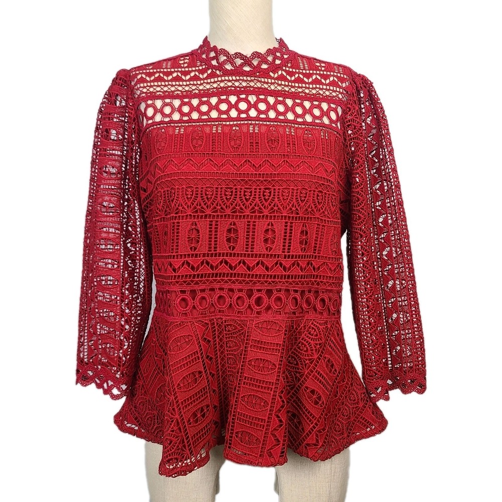 Moulinette Soeurs Anthropologie Red Crochet Lace Peplum Blouse Romantic Boho 10